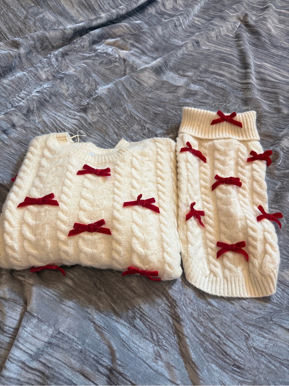 Cream Cable Knit Sweater with Red Velvet Bows